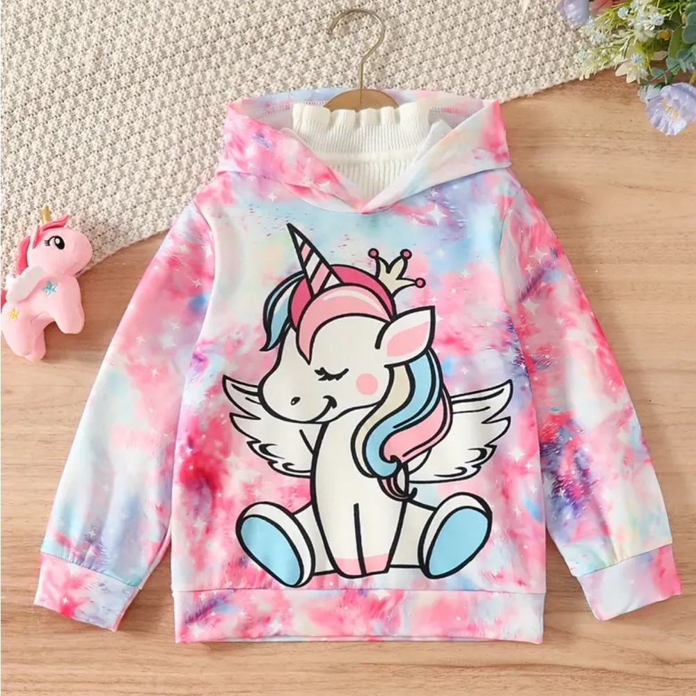 Girls Tie Dye Unicorn Print Hoodie Sweatshirt For Sports Casual,NWOT